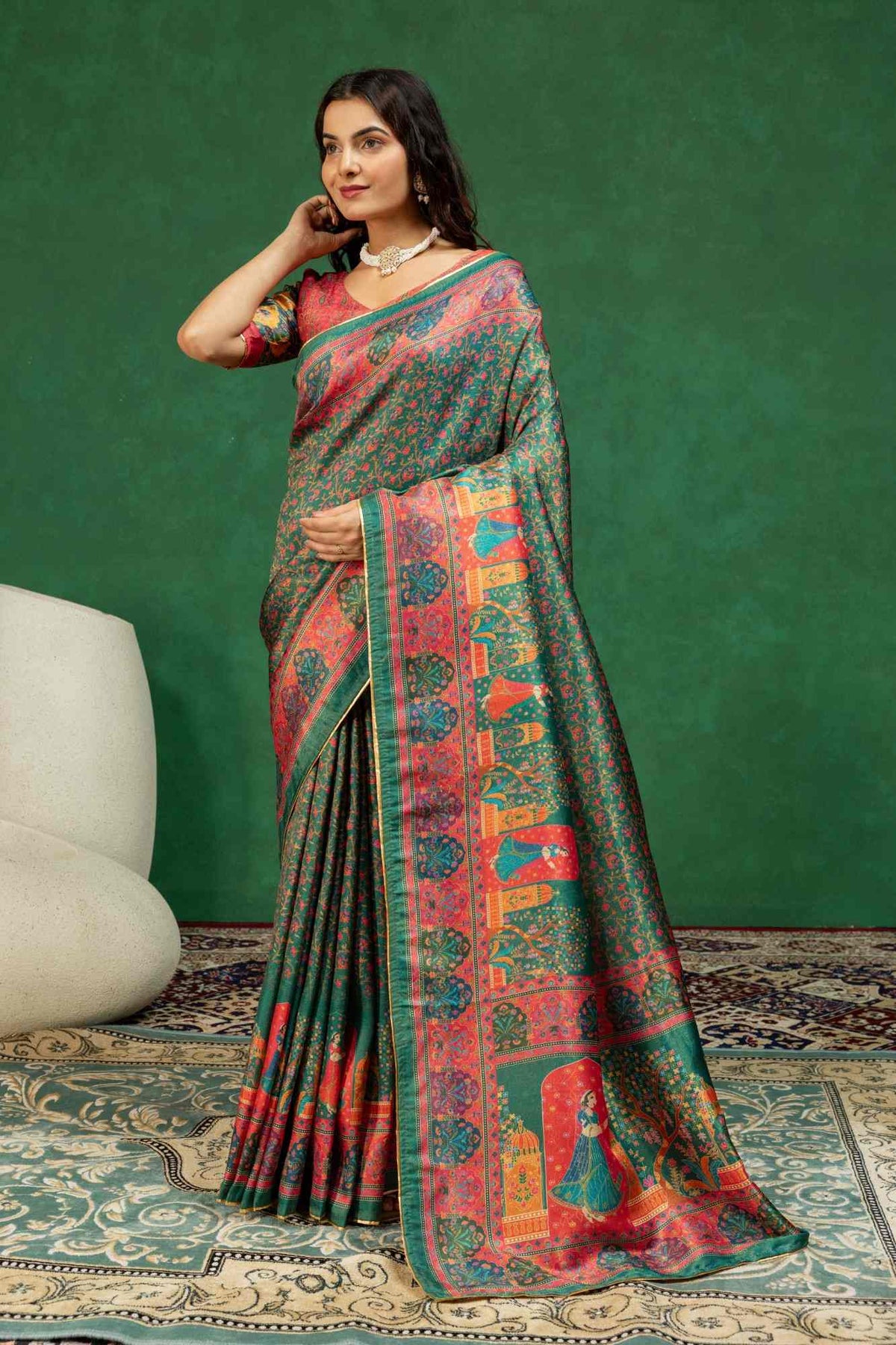 Premium Bottle Green Heritage Pichwai Print Silk Saree with Elegant Zari Border