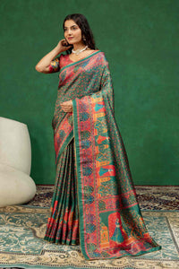 Premium Bottle Green Heritage Pichwai Print Silk Saree with Elegant Zari Border