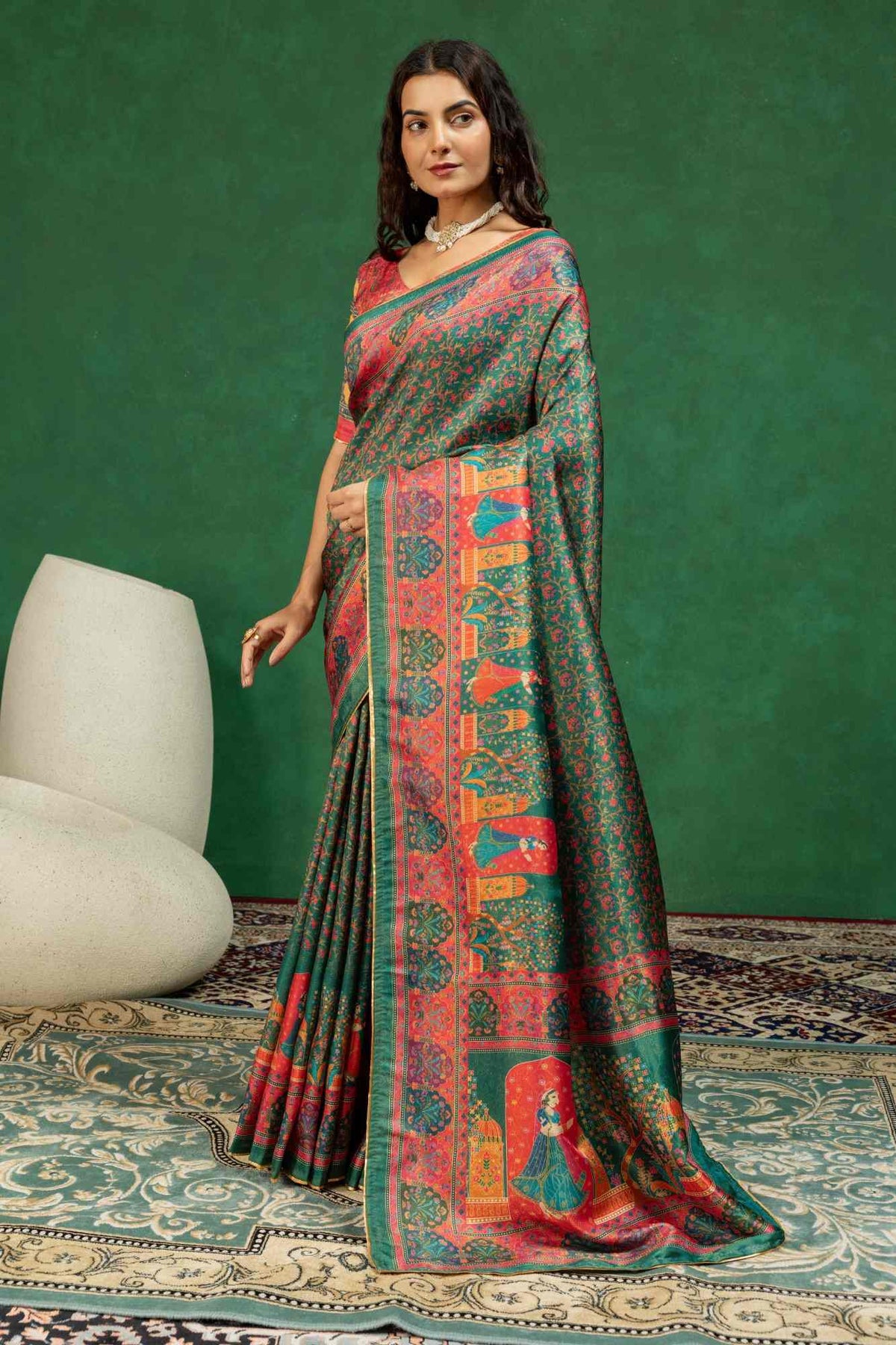 Premium Bottle Green Heritage Pichwai Print Silk Saree with Elegant Zari Border