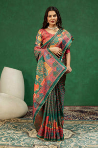 Premium Bottle Green Heritage Pichwai Print Silk Saree with Elegant Zari Border