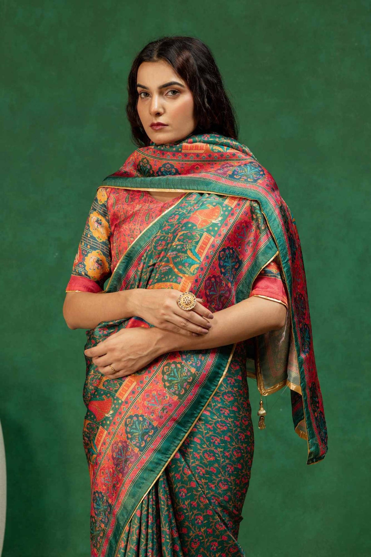 Premium Bottle Green Heritage Pichwai Print Silk Saree with Elegant Zari Border