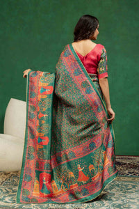 Premium Bottle Green Heritage Pichwai Print Silk Saree with Elegant Zari Border