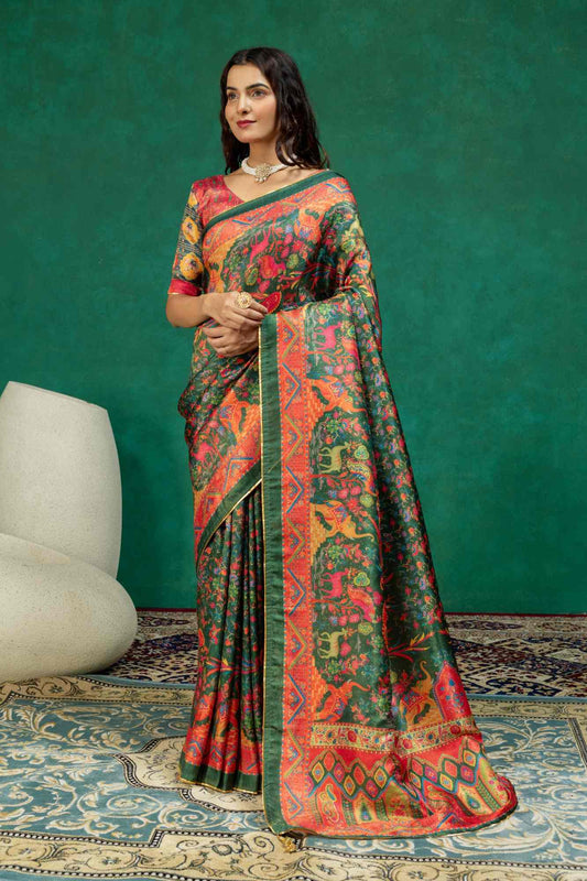 Royal Dark Green Kalamkari Shikargah Animal Print Dola Silk Saree with Contrast Blouse