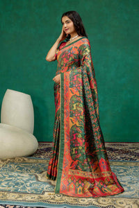 Royal Dark Green Kalamkari Shikargah Animal Print Dola Silk Saree with Contrast Blouse