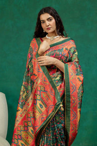 Royal Dark Green Kalamkari Shikargah Animal Print Dola Silk Saree with Contrast Blouse
