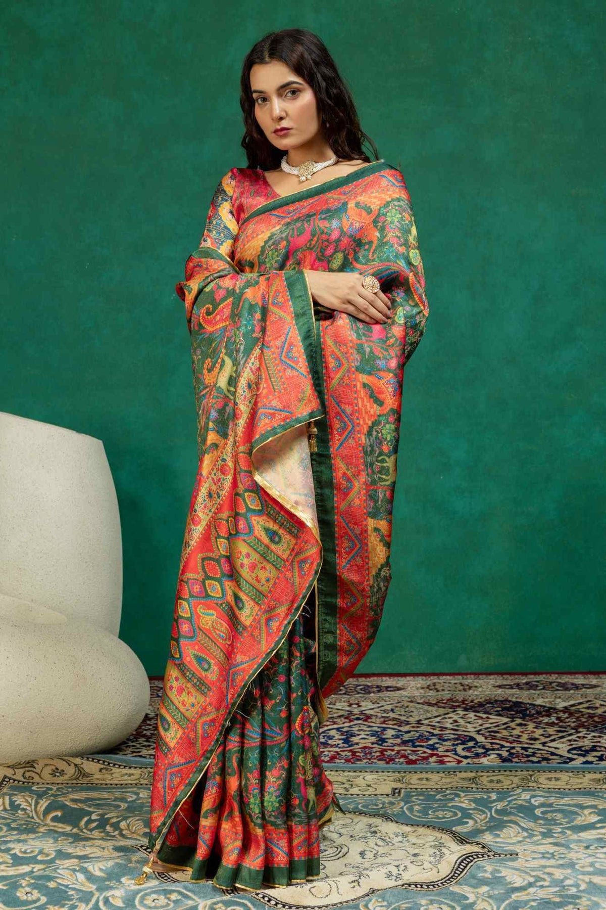 Royal Dark Green Kalamkari Shikargah Animal Print Dola Silk Saree with Contrast Blouse