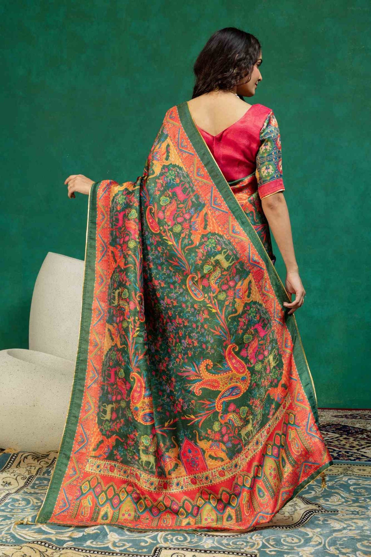Royal Dark Green Kalamkari Shikargah Animal Print Dola Silk Saree with Contrast Blouse