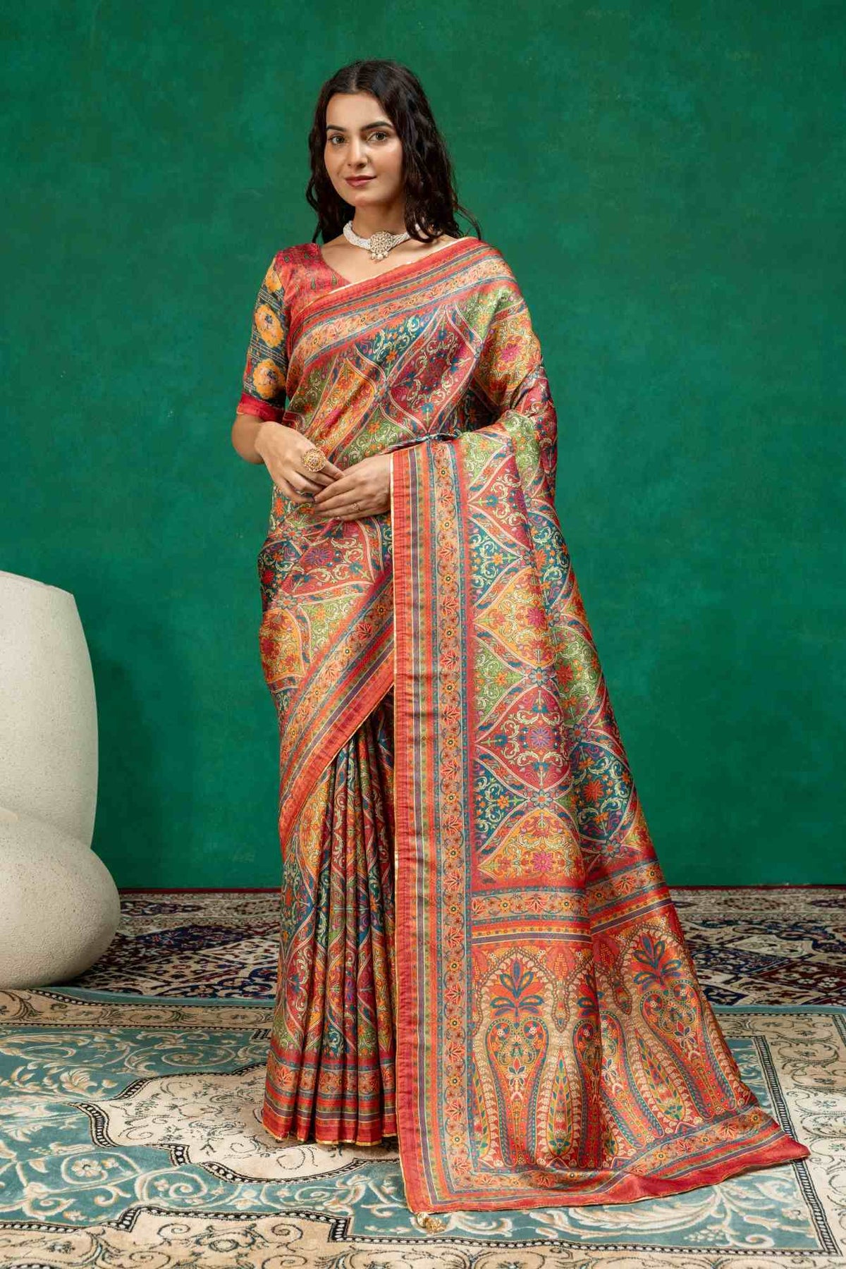 Royal Multi-Color Kashmiri Paisley Print Dola Silk Saree with Contrast Printed Blouse