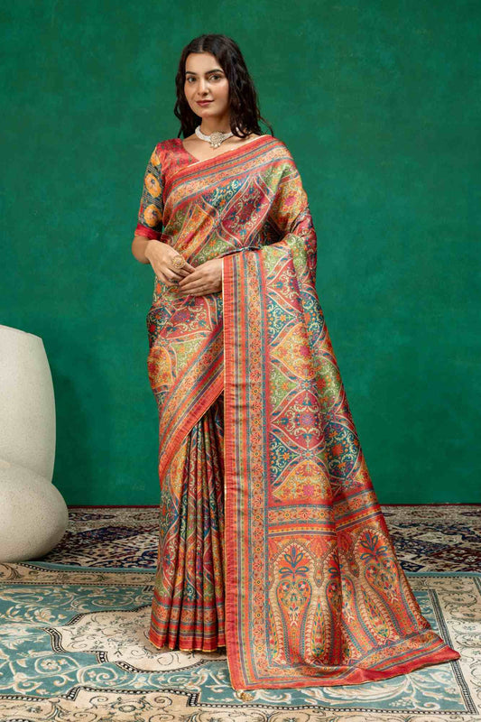 Royal Multi-Color Kashmiri Paisley Print Dola Silk Saree with Contrast Printed Blouse