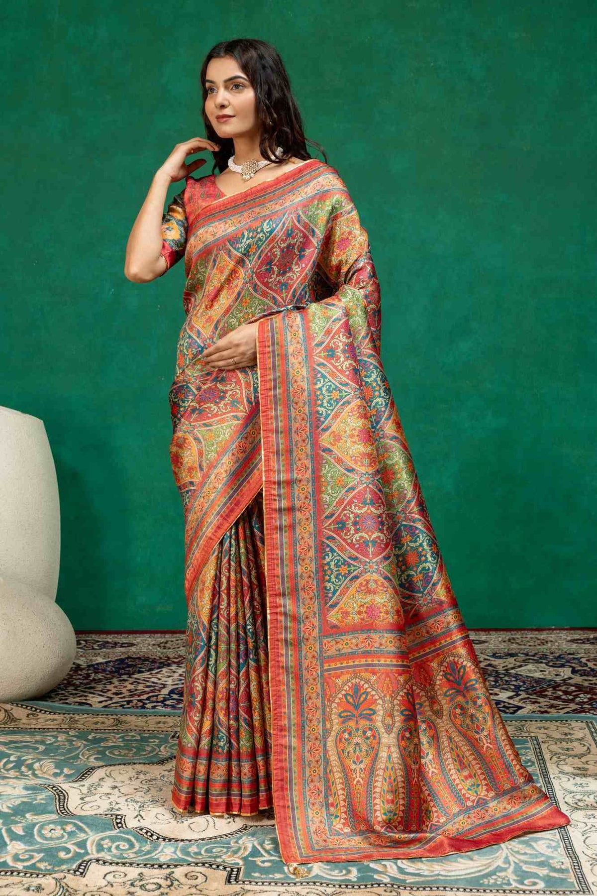 Royal Multi-Color Kashmiri Paisley Print Dola Silk Saree with Contrast Printed Blouse