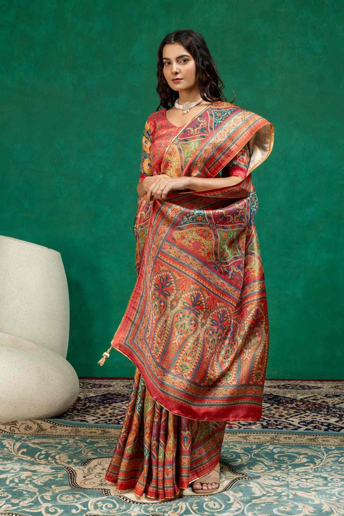 Royal Multi-Color Kashmiri Paisley Print Dola Silk Saree with Contrast Printed Blouse