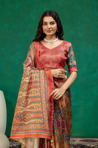 Royal Multi-Color Kashmiri Paisley Print Dola Silk Saree with Contrast Printed Blouse