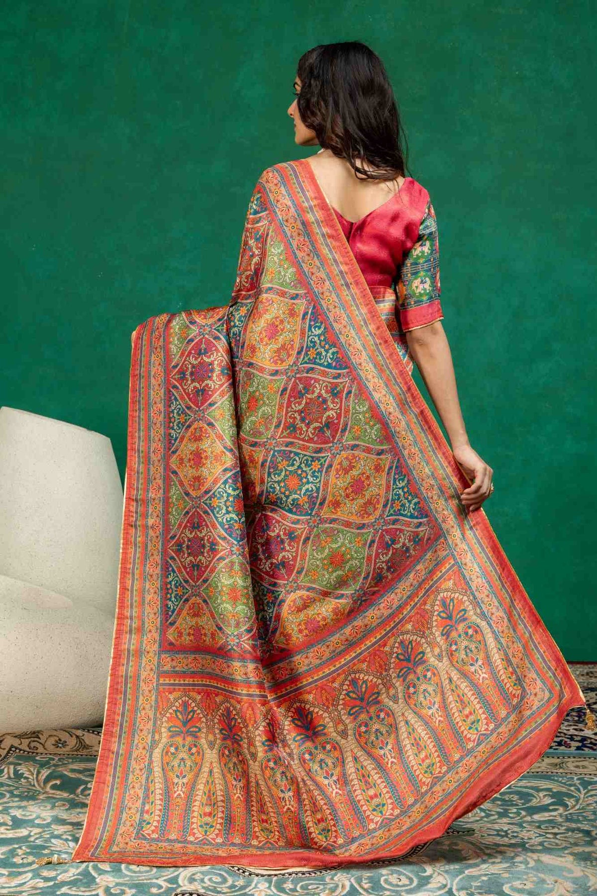 Royal Multi-Color Kashmiri Paisley Print Dola Silk Saree with Contrast Printed Blouse