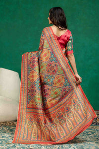 Royal Multi-Color Kashmiri Paisley Print Dola Silk Saree with Contrast Printed Blouse
