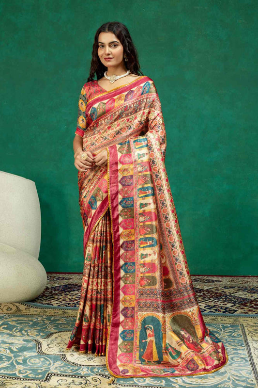 Beige & Rani Pink Pichwai Figurine Digital Print Dola Silk Saree with Contrast Blouse