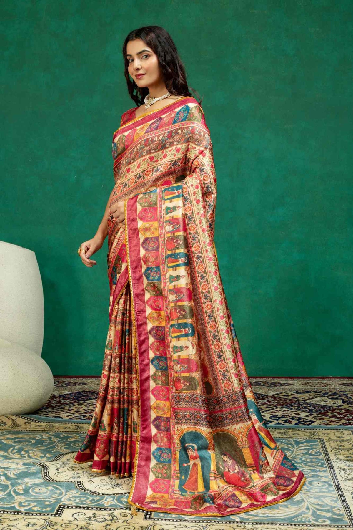 Beige & Rani Pink Pichwai Figurine Digital Print Dola Silk Saree with Contrast Blouse