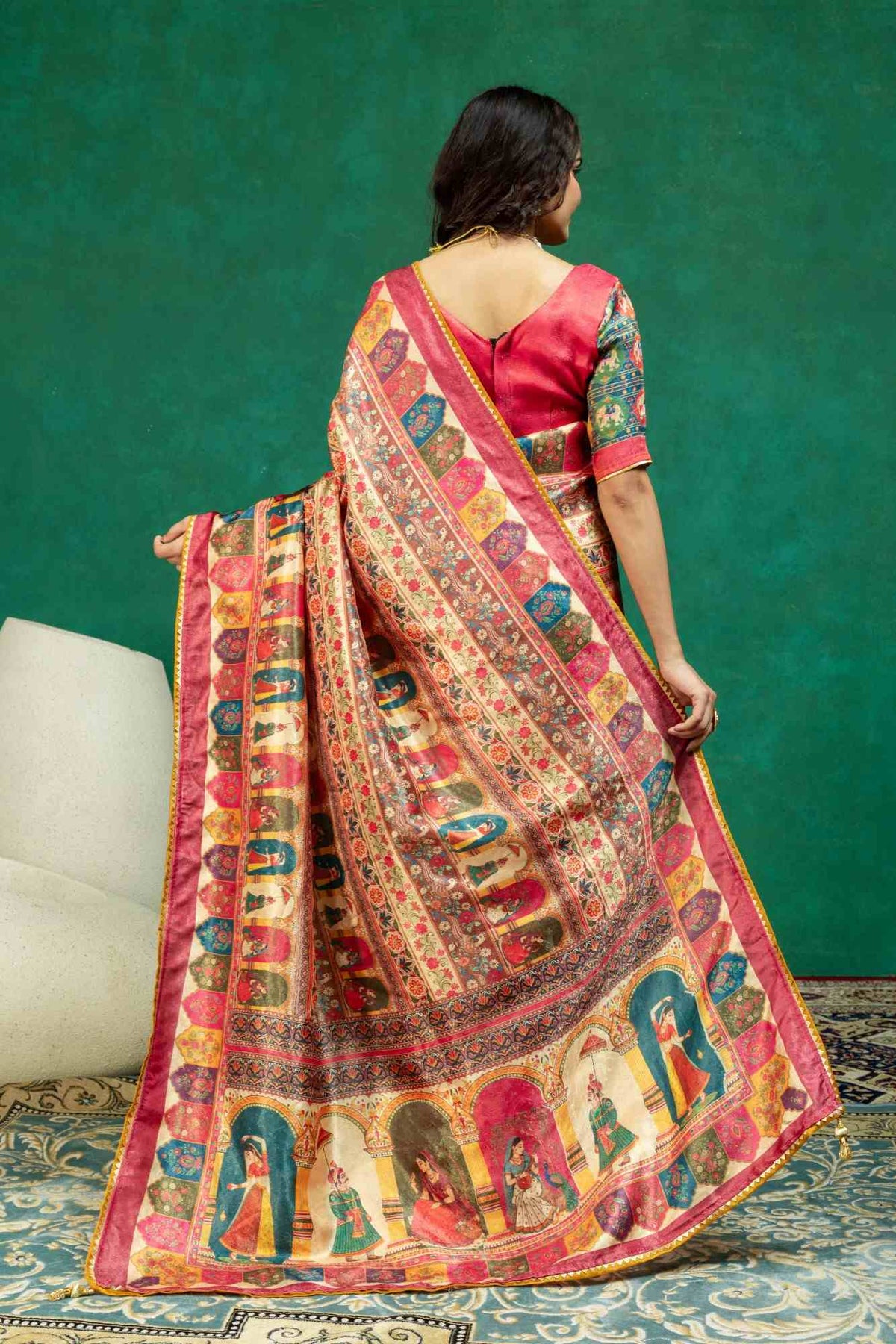 Beige & Rani Pink Pichwai Figurine Digital Print Dola Silk Saree with Contrast Blouse