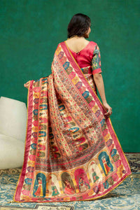 Beige & Rani Pink Pichwai Figurine Digital Print Dola Silk Saree with Contrast Blouse