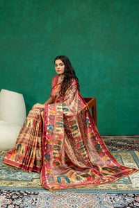 Beige & Rani Pink Pichwai Figurine Digital Print Dola Silk Saree with Contrast Blouse