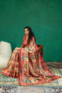 Beige & Rani Pink Pichwai Figurine Digital Print Dola Silk Saree with Contrast Blouse