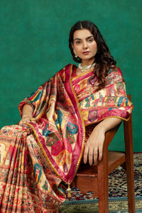 Beige & Rani Pink Pichwai Figurine Digital Print Dola Silk Saree with Contrast Blouse