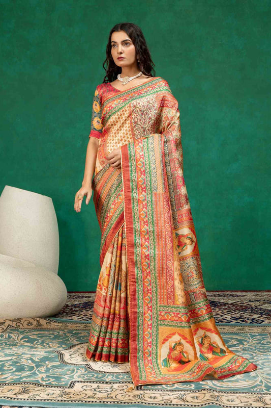 Cream & Rust Heritage Pichwai Figurine Digital Print Dola Silk Saree with Contrast Blouse