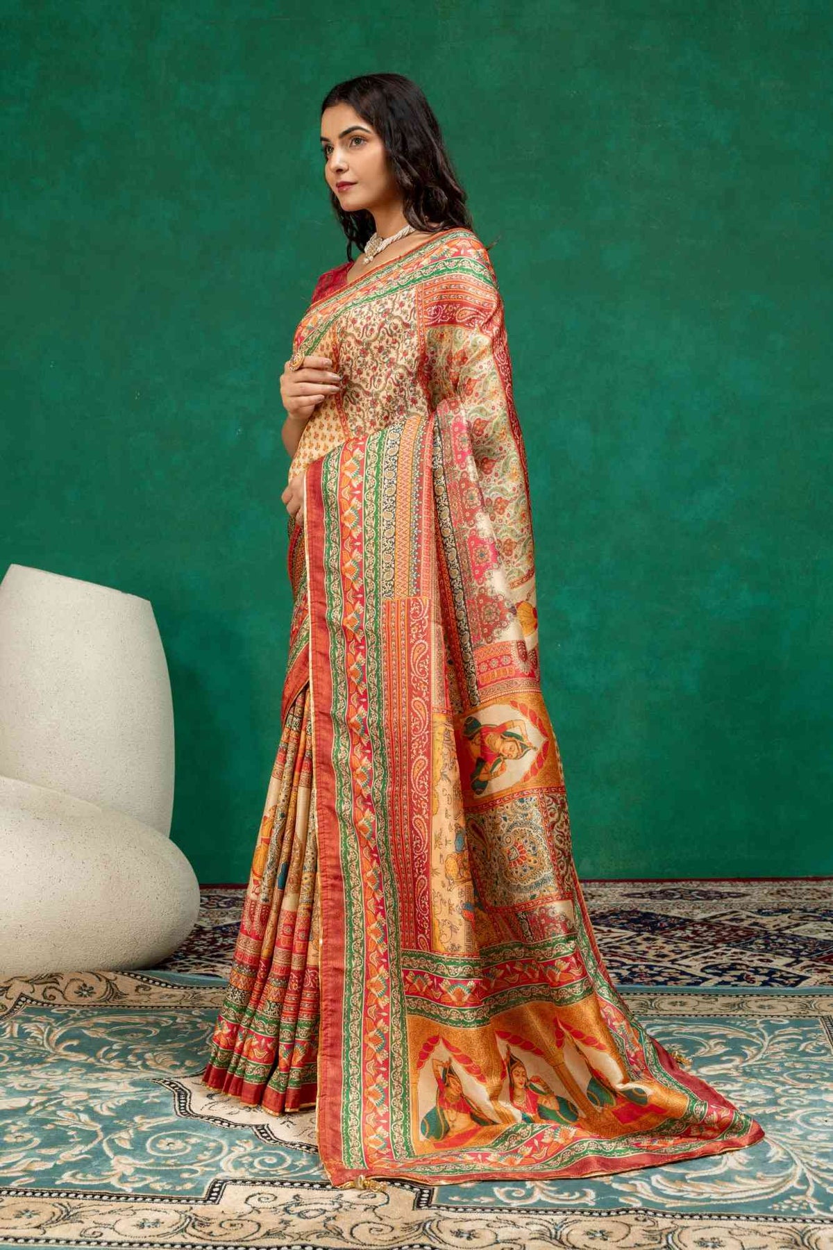 Cream & Rust Heritage Pichwai Figurine Digital Print Dola Silk Saree with Contrast Blouse