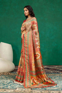 Cream & Rust Heritage Pichwai Figurine Digital Print Dola Silk Saree with Contrast Blouse