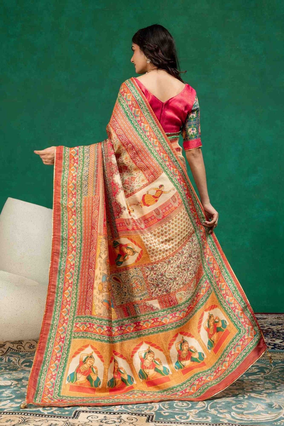Cream & Rust Heritage Pichwai Figurine Digital Print Dola Silk Saree with Contrast Blouse
