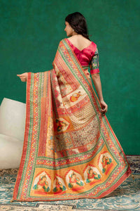 Cream & Rust Heritage Pichwai Figurine Digital Print Dola Silk Saree with Contrast Blouse