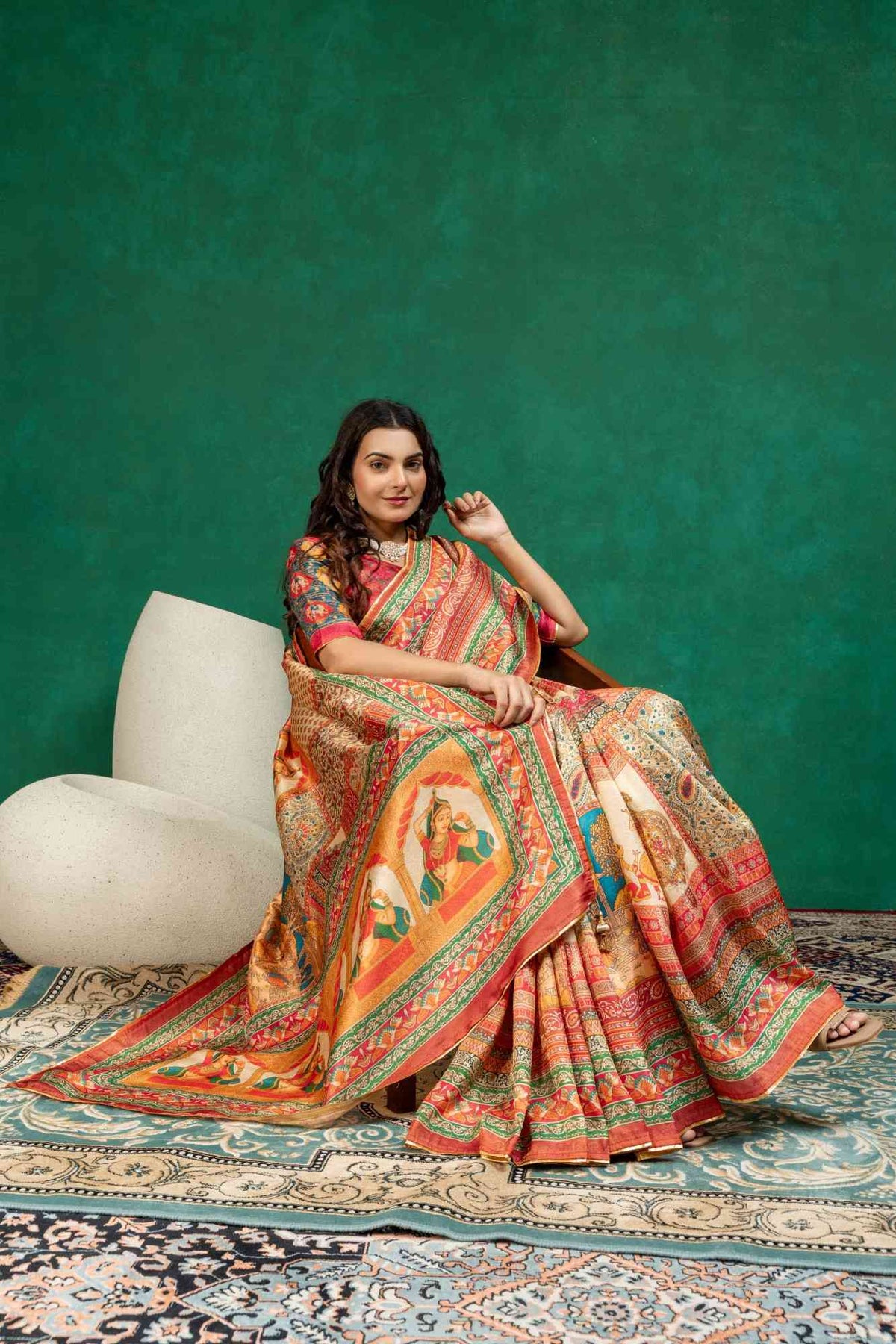 Cream & Rust Heritage Pichwai Figurine Digital Print Dola Silk Saree with Contrast Blouse
