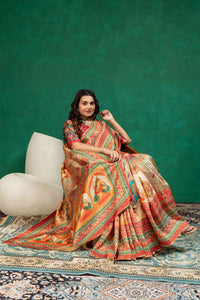 Cream & Rust Heritage Pichwai Figurine Digital Print Dola Silk Saree with Contrast Blouse