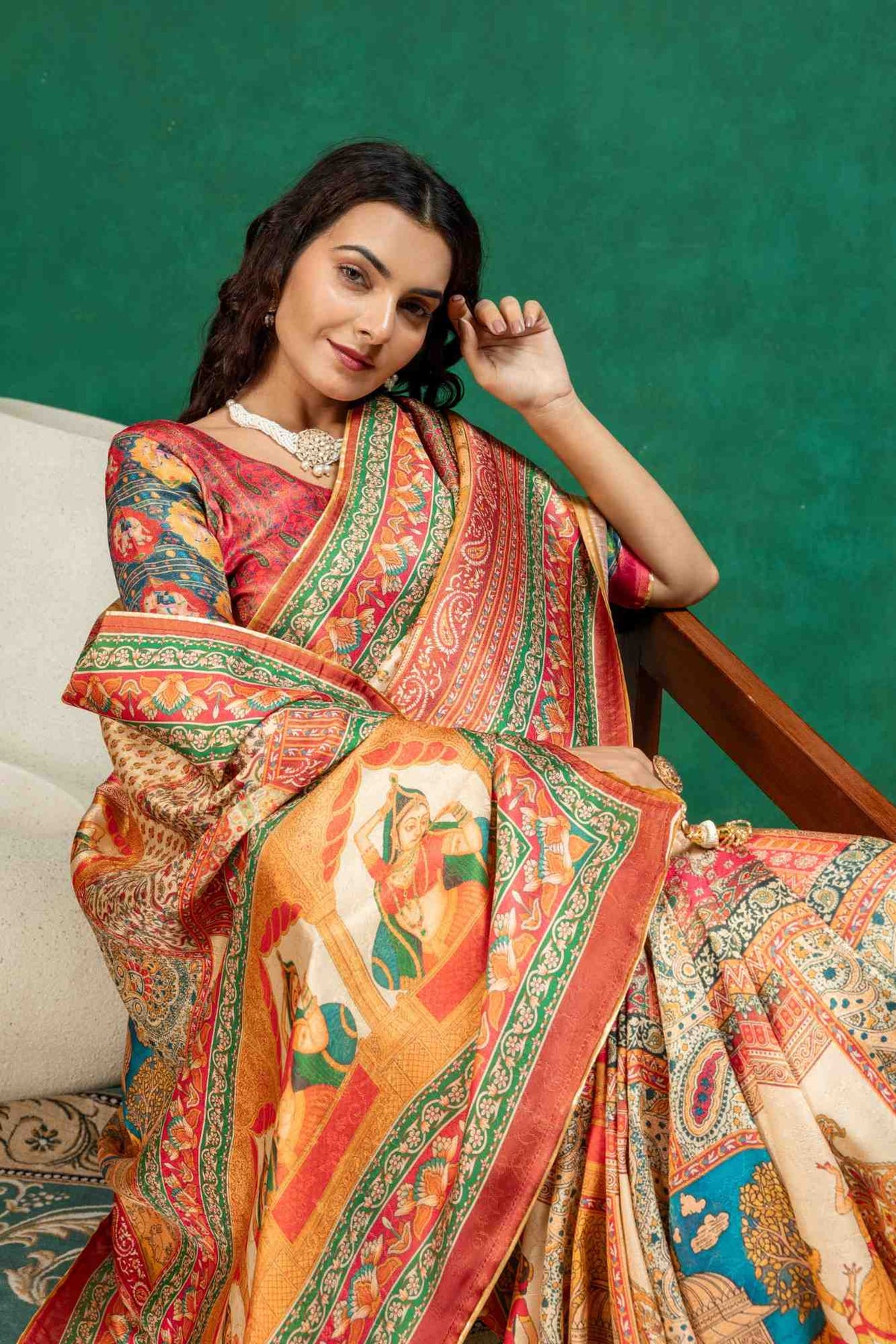 Cream & Rust Heritage Pichwai Figurine Digital Print Dola Silk Saree with Contrast Blouse