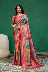 Vibrant Rani Pink & Teal Blue Kashmiri Paisley Print Dola Silk Saree with Contrast Blouse Piece