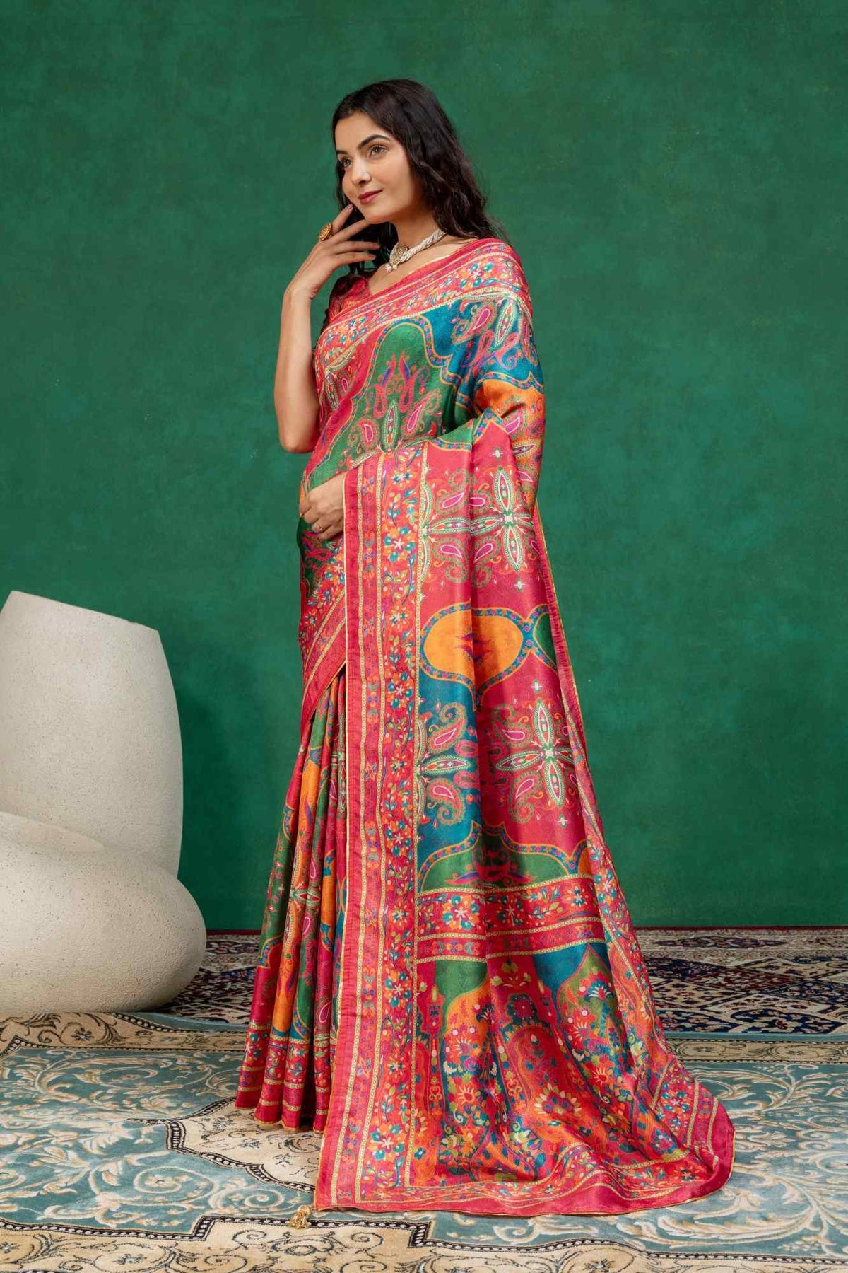 Vibrant Rani Pink & Teal Blue Kashmiri Paisley Print Dola Silk Saree with Contrast Blouse Piece