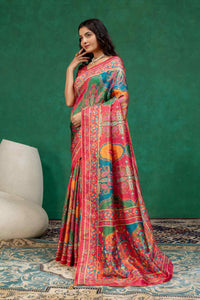 Vibrant Rani Pink & Teal Blue Kashmiri Paisley Print Dola Silk Saree with Contrast Blouse Piece