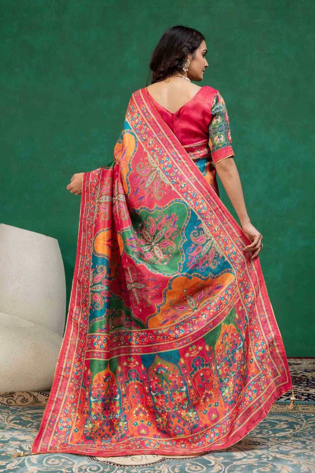 Vibrant Rani Pink & Teal Blue Kashmiri Paisley Print Dola Silk Saree with Contrast Blouse Piece