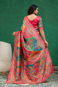 Vibrant Rani Pink & Teal Blue Kashmiri Paisley Print Dola Silk Saree with Contrast Blouse Piece