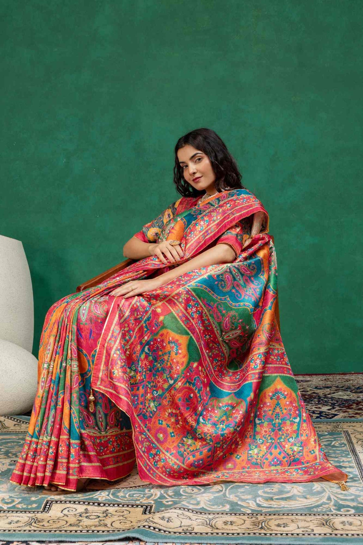 Vibrant Rani Pink & Teal Blue Kashmiri Paisley Print Dola Silk Saree with Contrast Blouse Piece