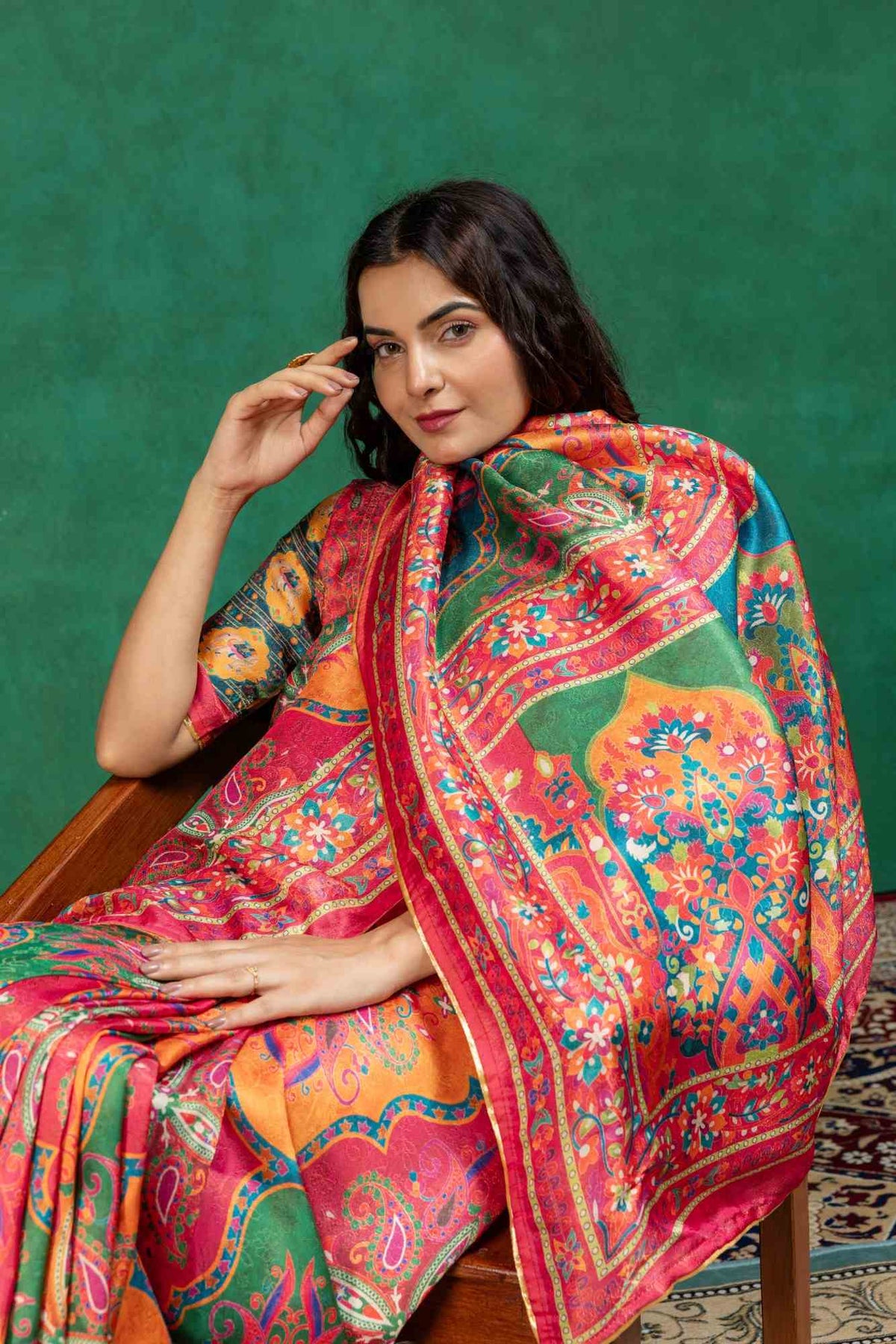 Vibrant Rani Pink & Teal Blue Kashmiri Paisley Print Dola Silk Saree with Contrast Blouse Piece