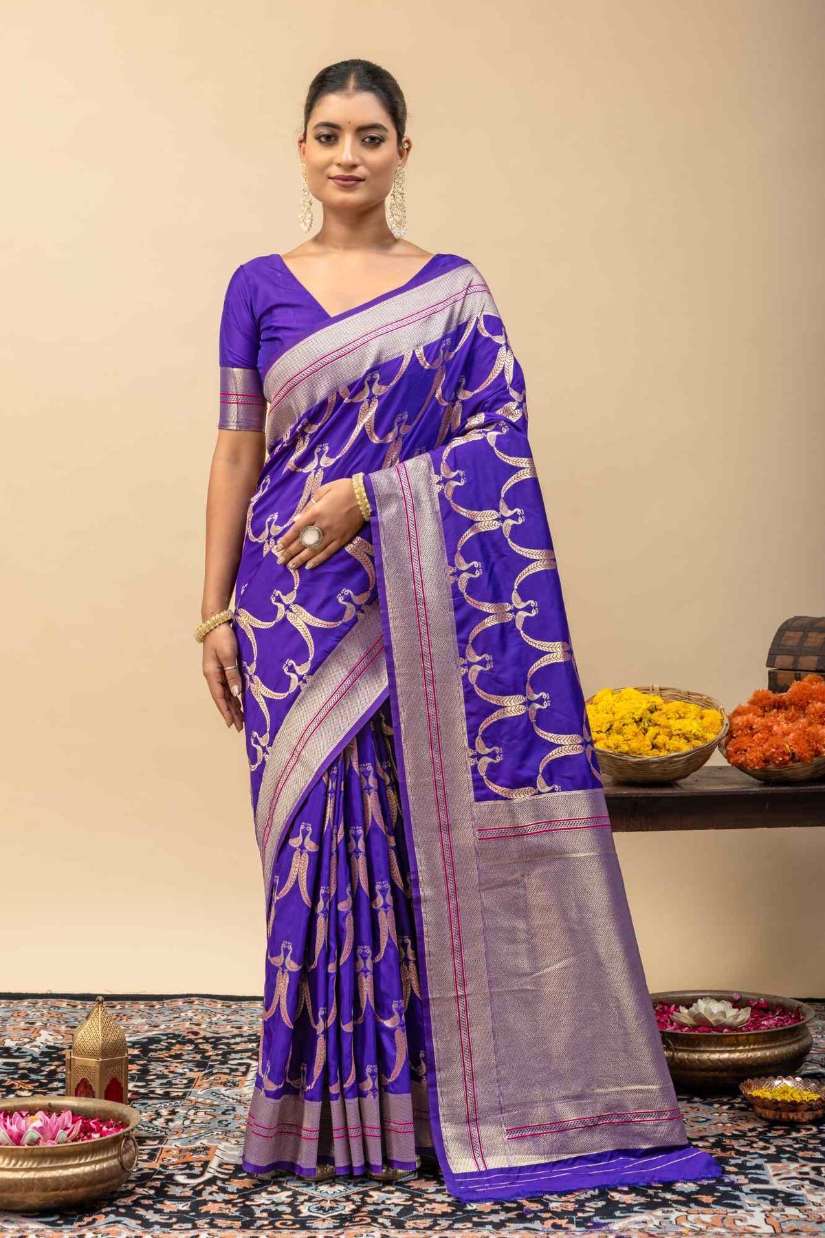 Traditional Kanjivaram Style Violet Blue Silk Saree with All-Over Zari Peacock Weaving & Blouse Piece