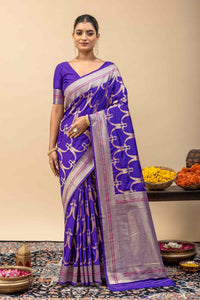 Traditional Kanjivaram Style Violet Blue Silk Saree with All-Over Zari Peacock Weaving & Blouse Piece