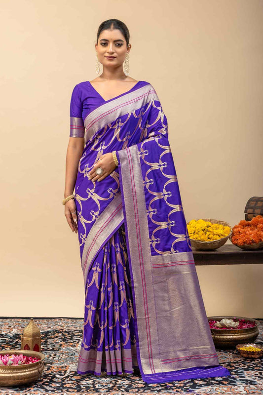Traditional Kanjivaram Style Violet Blue Silk Saree with All-Over Zari Peacock Weaving & Blouse Piece