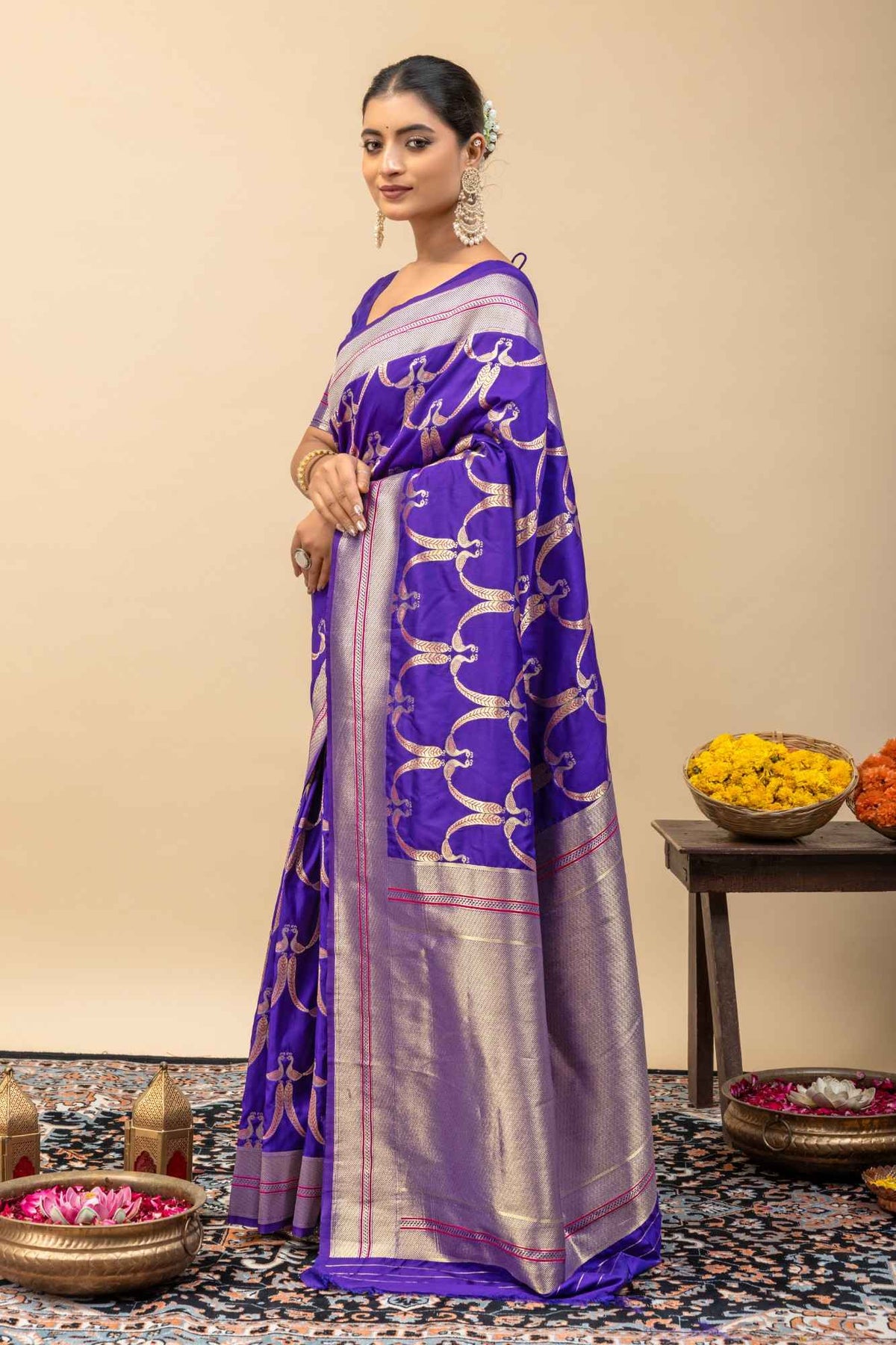 Traditional Kanjivaram Style Violet Blue Silk Saree with All-Over Zari Peacock Weaving & Blouse Piece