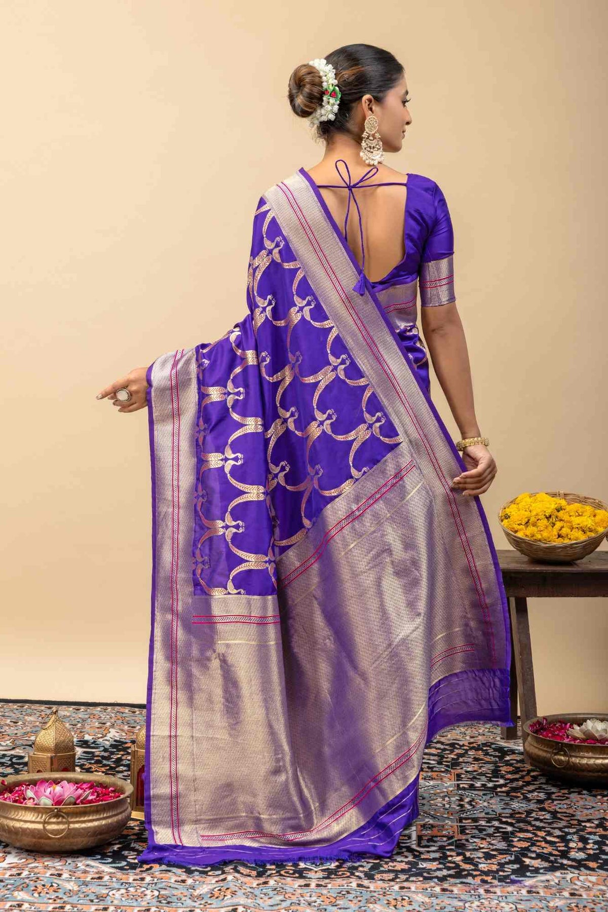 Traditional Kanjivaram Style Violet Blue Silk Saree with All-Over Zari Peacock Weaving & Blouse Piece