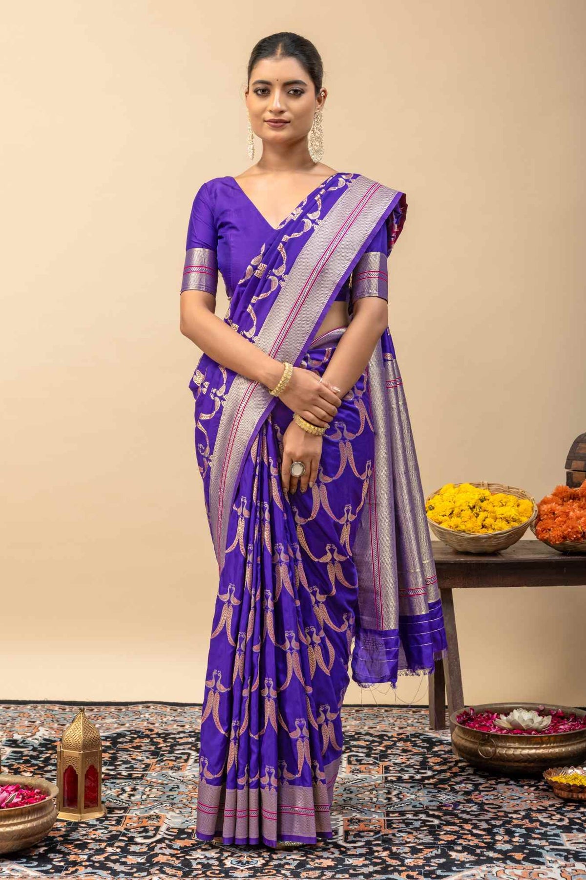 Traditional Kanjivaram Style Violet Blue Silk Saree with All-Over Zari Peacock Weaving & Blouse Piece