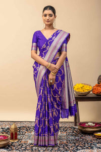 Traditional Kanjivaram Style Violet Blue Silk Saree with All-Over Zari Peacock Weaving & Blouse Piece
