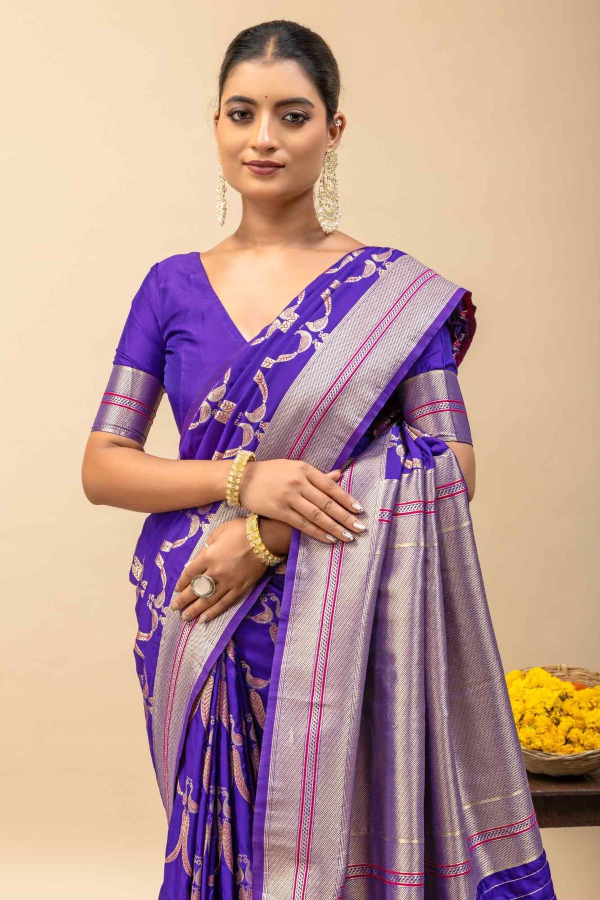 Traditional Kanjivaram Style Violet Blue Silk Saree with All-Over Zari Peacock Weaving & Blouse Piece