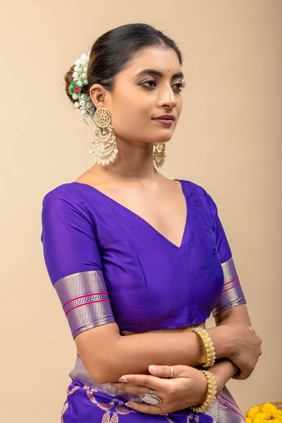 Traditional Kanjivaram Style Violet Blue Silk Saree with All-Over Zari Peacock Weaving & Blouse Piece