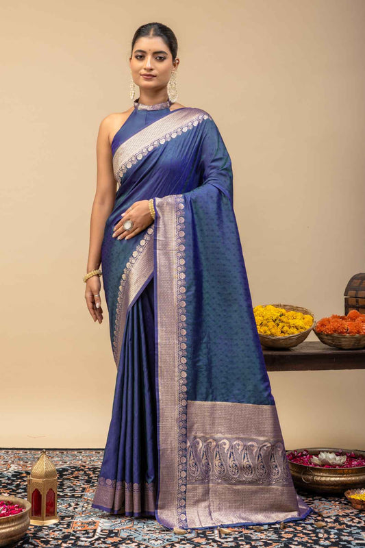 Traditional Kanjivaram Style Deep Blue Soft Silk Saree with All-Over Self Jacquard Weaving & Blouse Piece